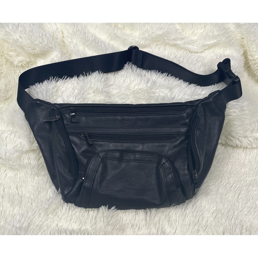 Hammacher Schlemmer Genuine Leather Black Waist Bag Fanny Pack Travel Bag